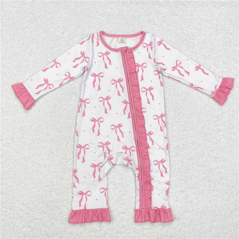 Pretty in Pink Bow Print Bamboo Ruffle Zip Onesie 🎀