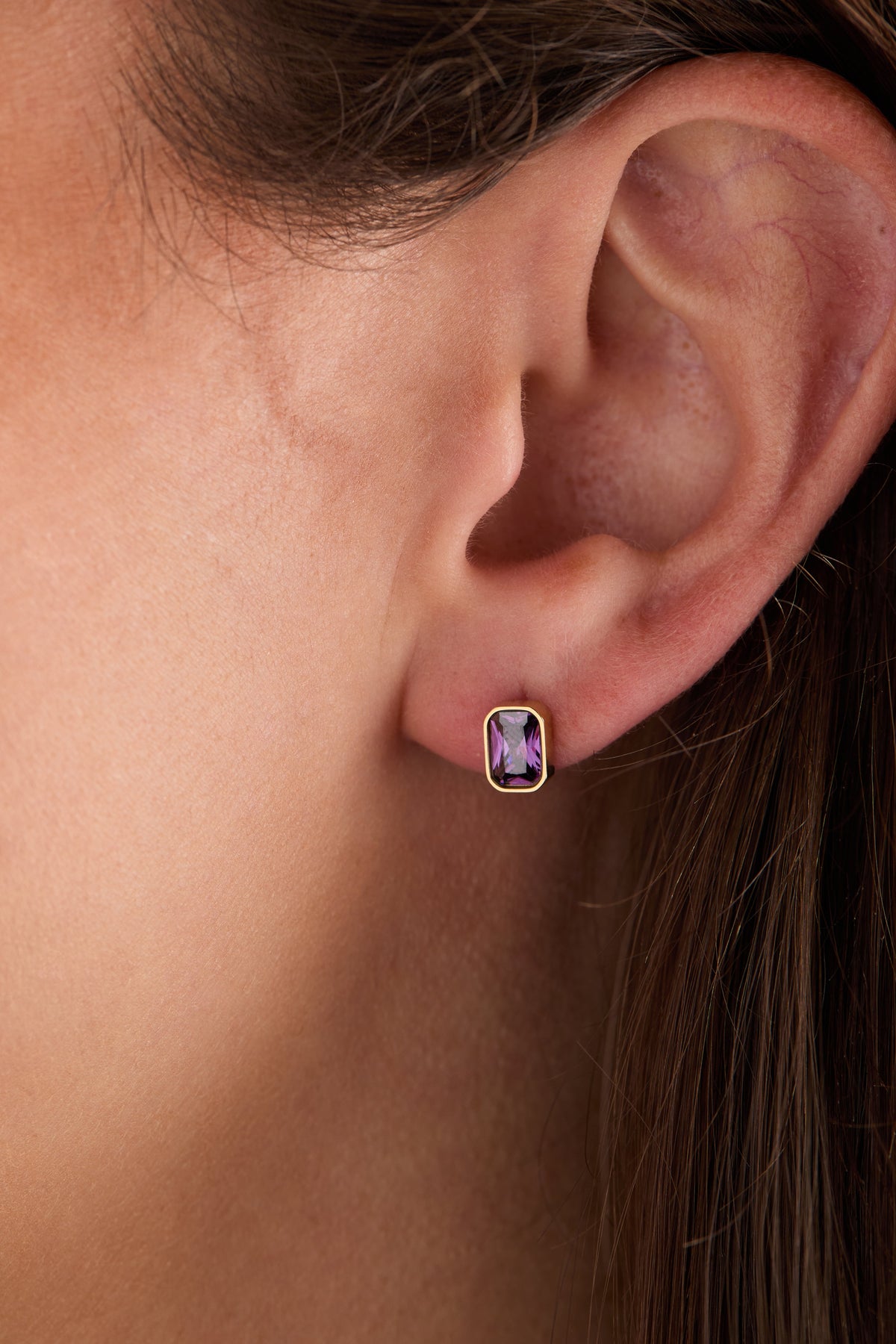 February Emerald-Cut Birthstone Stud Earrings