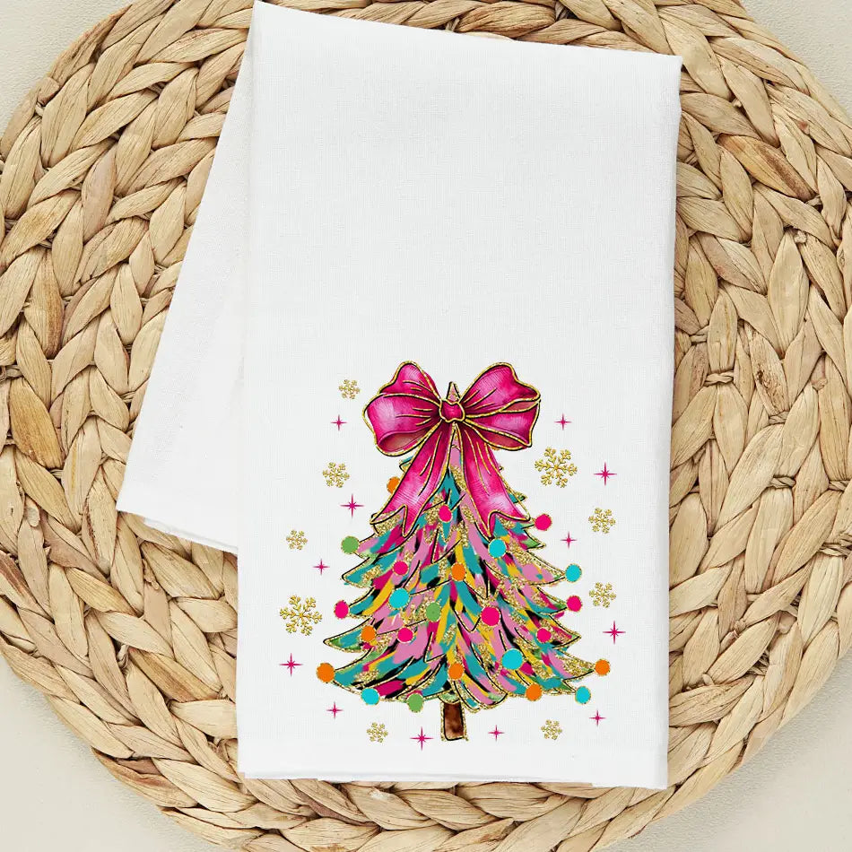 Coquette Christmas Tree Pink Bow Snow Flakes Tea Towel