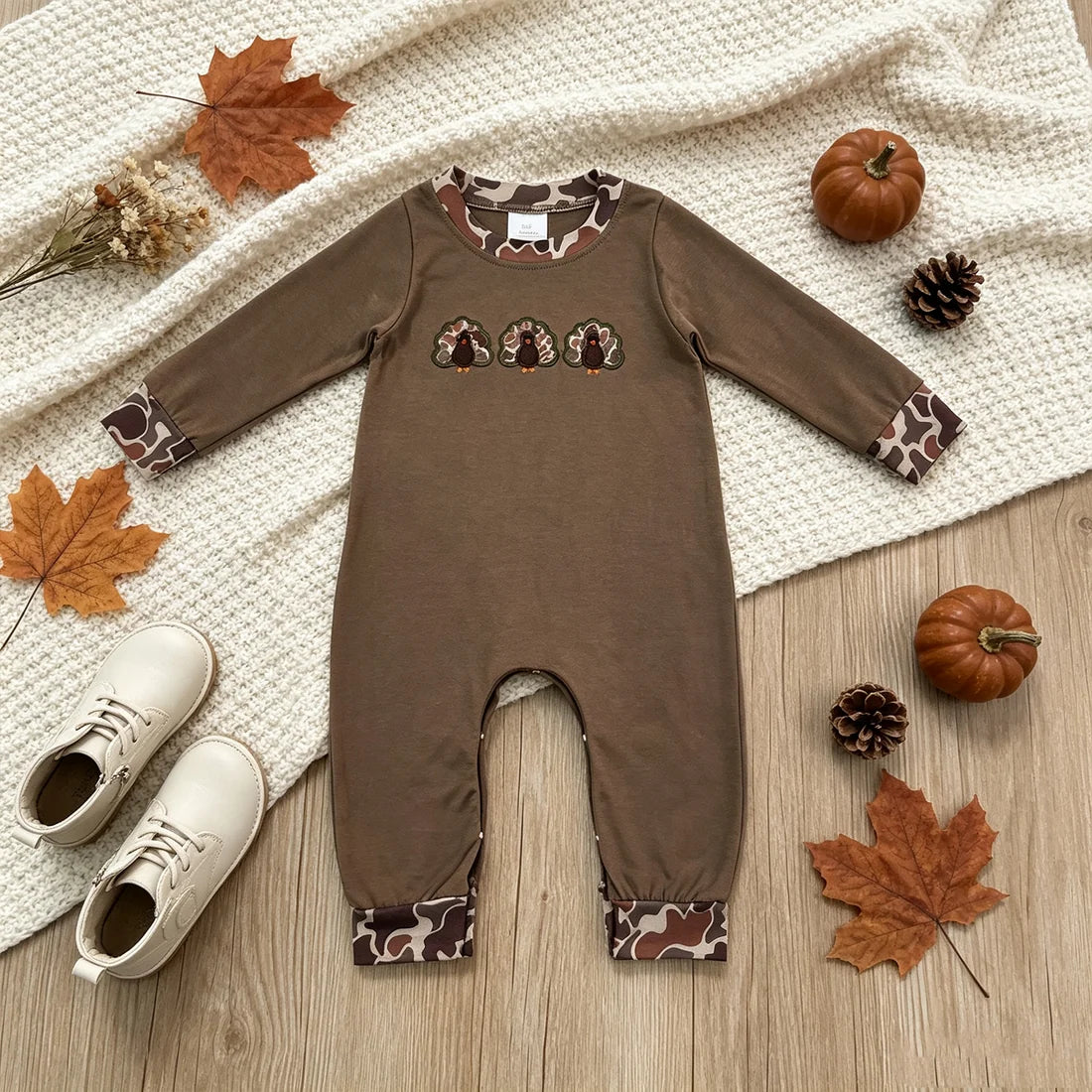 Little Gobbler Boys' Embroidered Thanksgiving Romper