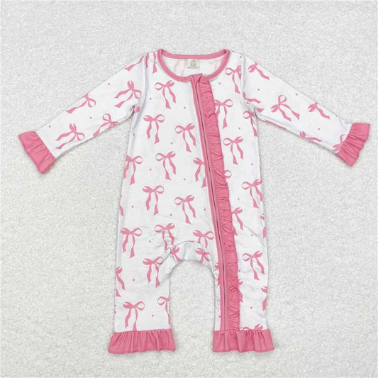Pretty in Pink Bow Print Bamboo Ruffle Zip Onesie 🎀