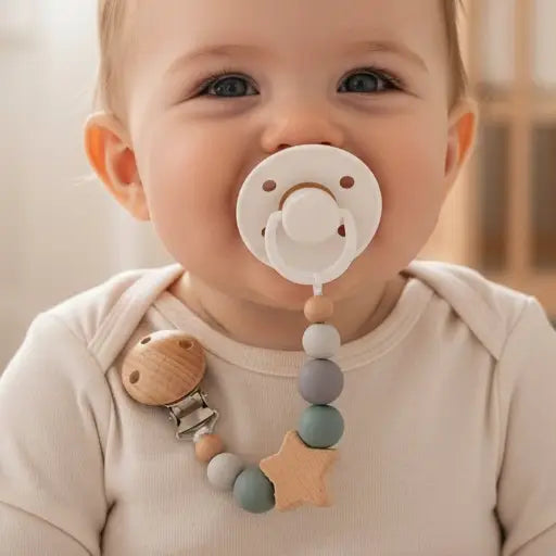 Pacifier Clip/Wooden Binky Holder/Silicon Beads Teether