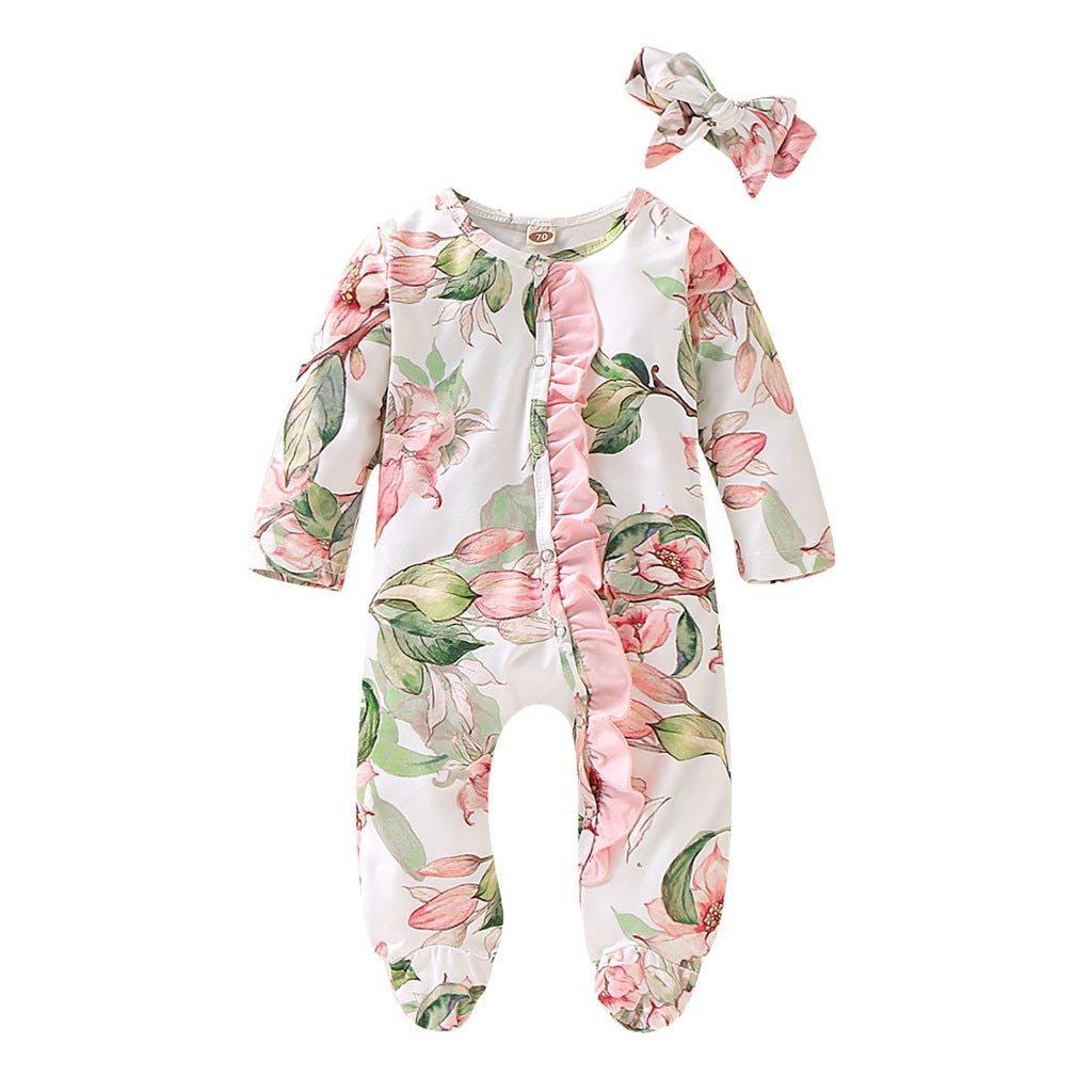 Modern Floral Newborn Baby Girl Romper with Bow Headband