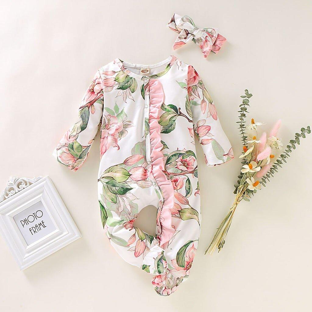 Modern Floral Newborn Baby Girl Romper with Bow Headband