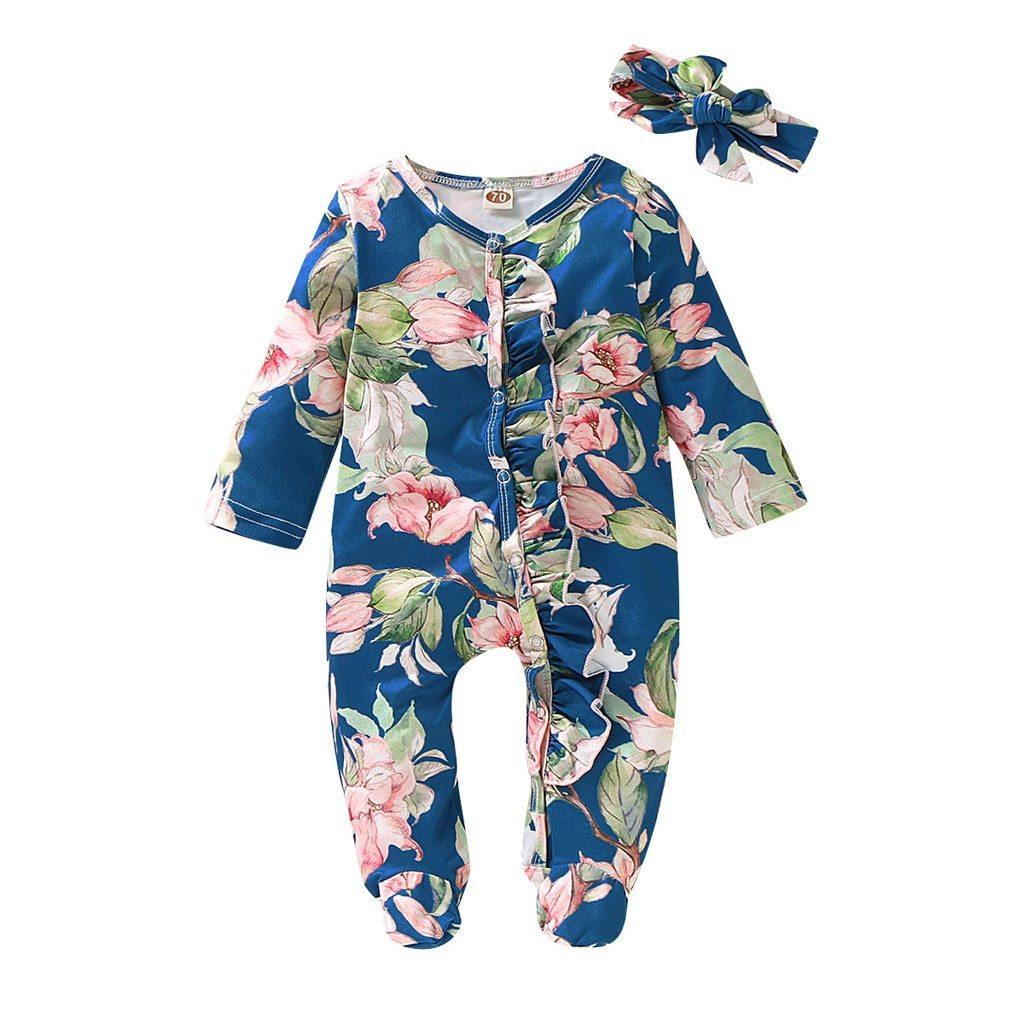 Modern Floral Newborn Baby Girl Romper with Bow Headband