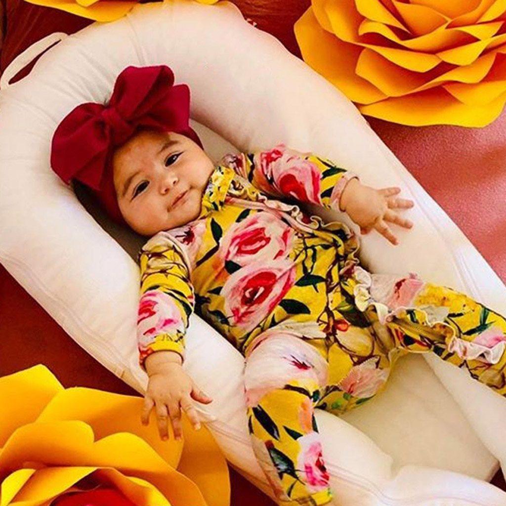 Modern Floral Newborn Baby Girl Romper with Bow Headband