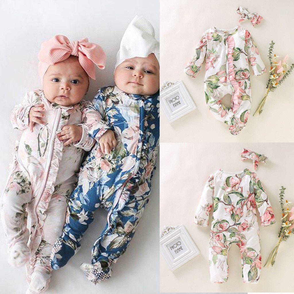 Modern Floral Newborn Baby Girl Romper with Bow Headband