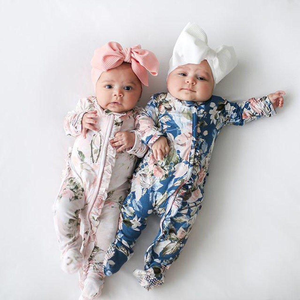 Modern Floral Newborn Baby Girl Romper with Bow Headband
