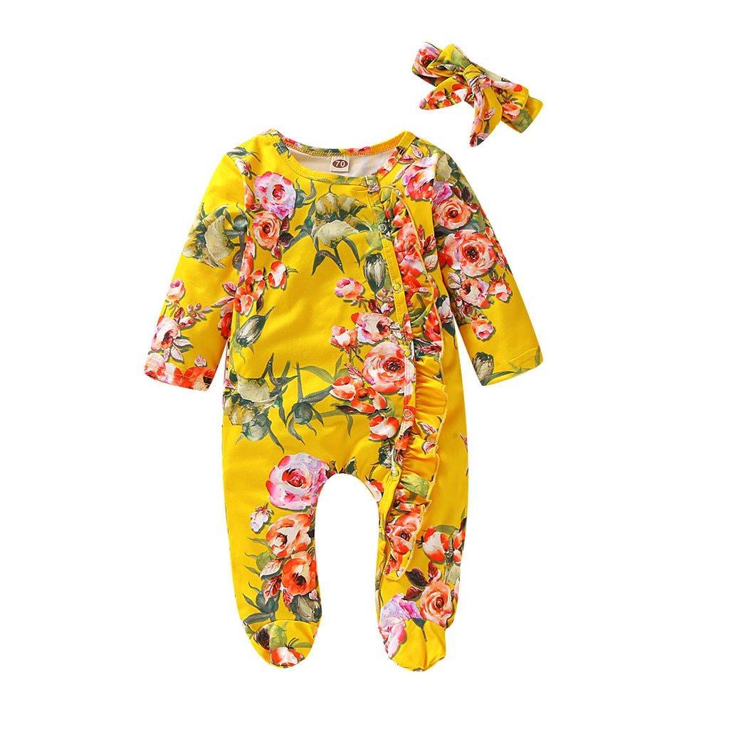 Modern Floral Newborn Baby Girl Romper with Bow Headband
