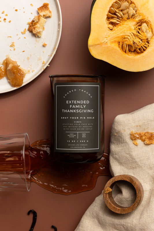 Shared Trauma: Extended Family Thanksgiving Candle - 13 oz, Crackling Wood Wick