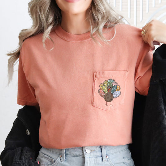 Thanksgiving Turkey Colorful Pocket Graphic Illustration Vintage Autumn Scene Comfort Colors Tee
